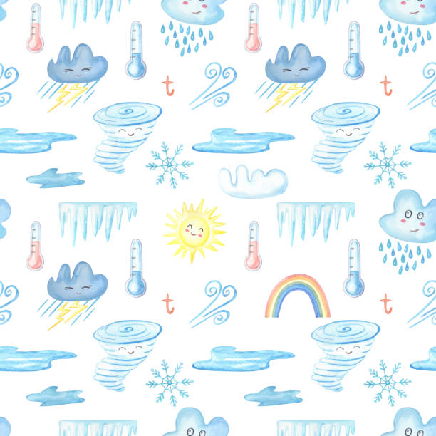 天候に関する水彩シームレスパターン。白い背景の太陽、虹、雲、雨、雷雨、雷、雷にかわいい自然の兆候、 - seamless pattern meteorology snowflake点のイラスト素材／クリップアート素材／マンガ素材／アイコン素材