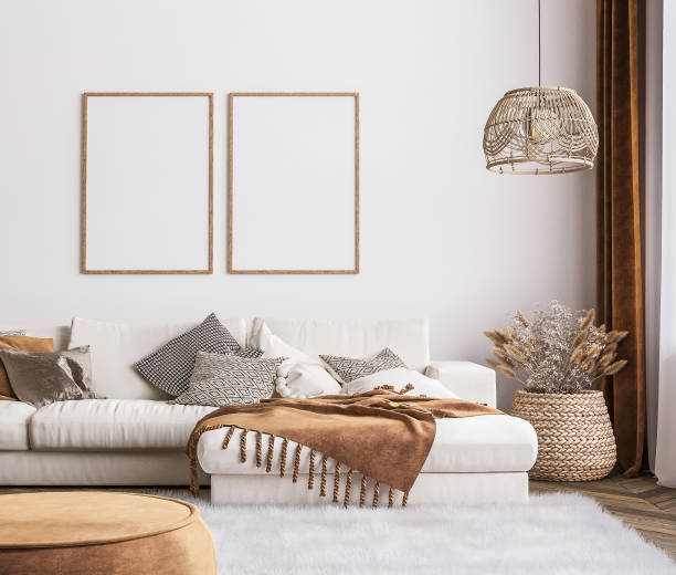 istock Frame mockup in bright living room design, white sofa in farmhouse boho interior style 1301946239
