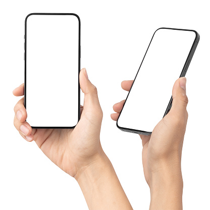 Conjunto de mano de hombre sosteniendo el teléfono inteligente negro con pantalla en blanco aislado sobre fondo blanco con ruta de recorte, Puede utilizar la maqueta para su aplicación o proyecto de diseño de sitio web photo
