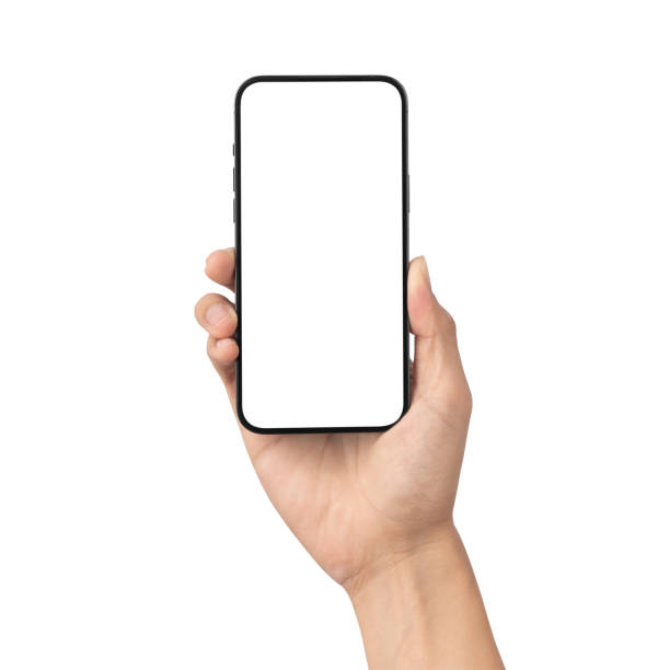 istock Man hand holding the black smartphone with blank screen isolated on white background with clipping path, Can use mock-up for your application or website design project 1301948392