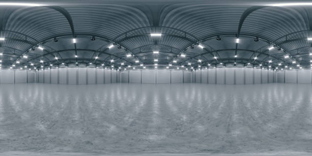 istock Full spherical panorama, 360 degrees of empty exhibition space. backdrop for exhibitions and events. Tile floor. Marketing mock up. 3D render illustration. 1301949692