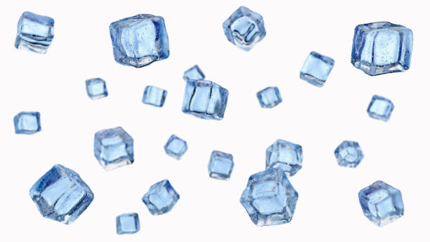 istock Falling ice cubes isolated on white background with blur and depth of field. 3d render illustration 1301950488
