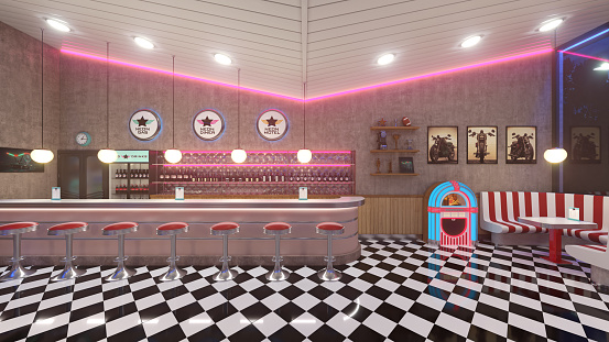 Retro diner interior with a tile floor, neon illumination, jukebox and art deco style bar stools. 3d illustration.