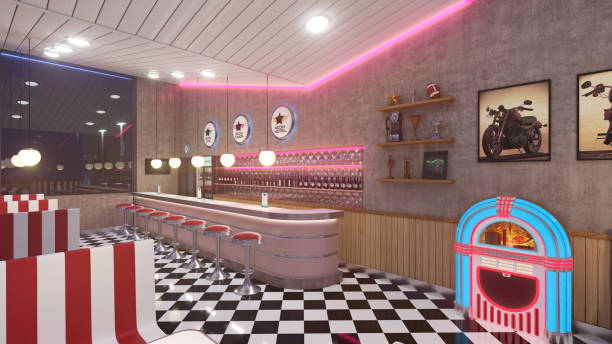 istock Retro diner interior with a tile floor, neon illumination, jukebox and art deco style bar stools. 3d illustration. 1301950497