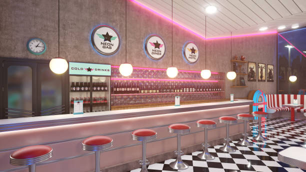 istock Retro diner interior with a tile floor, neon illumination, jukebox and art deco style bar stools. 3d illustration. 1301950598