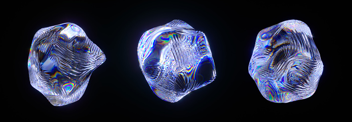 Abstract crystal glass spheres with dispersion and refraction isolated on black background. 3d render illustration
