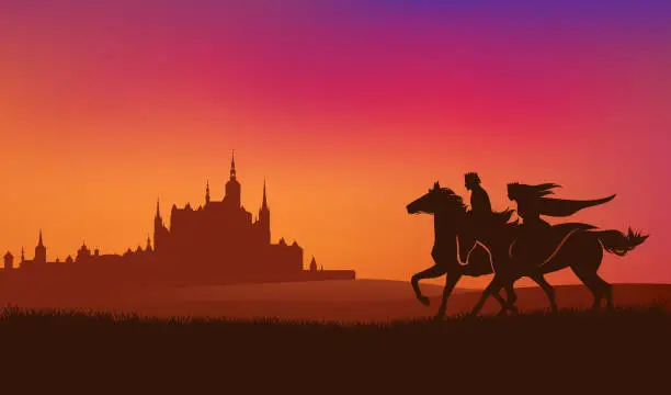 Vector illustration of medieval prince and princess riding horses in sunset field with castle skyline vector scene