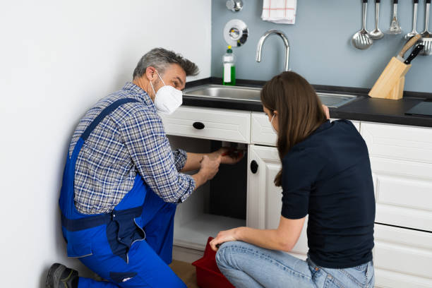 Kitchen Pipe Damage Problem. Woman And Repairman Kitchen Pipe Damage Problem. Woman And Repairman In Face Mask kn95 face mask photos stock pictures, royalty-free photos & images