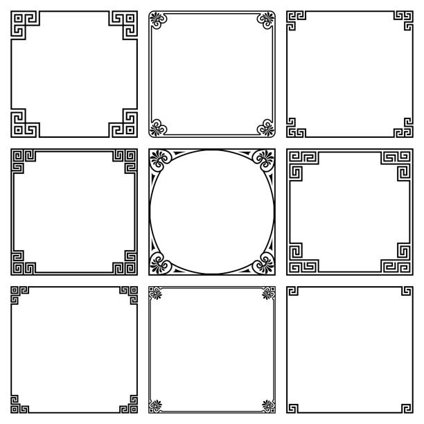 ilustrações, clipart, desenhos animados e ícones de conjunto vetorial de quadros quadrados com ornamento grego geométrico antigo - entablature