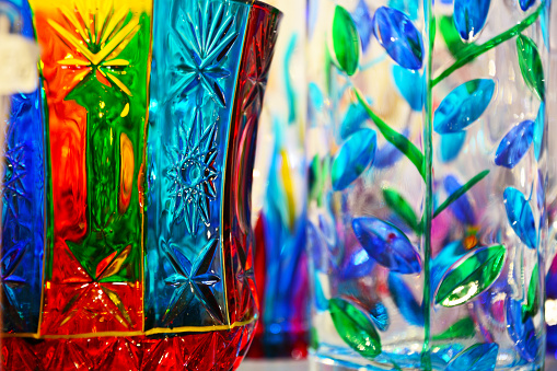 An ornate display of tall spindle variated glass ornaments.