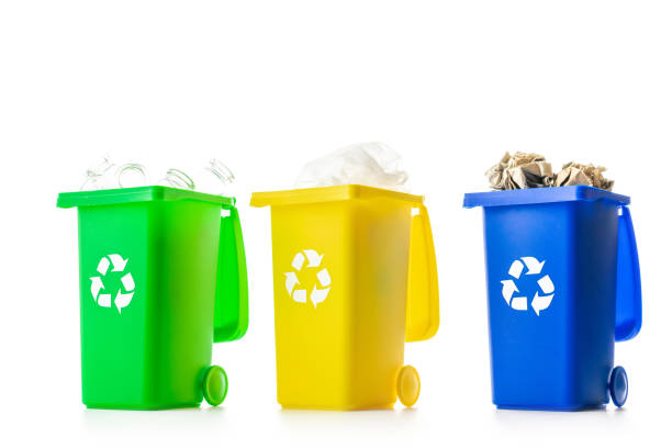 istock Bin collection. Yellow, green, blue dustbin for recycle plastic, paper and glass can trash isolated on white background. Container for disposal garbage waste and save environment. 1301957784