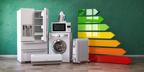 Energy efficiency of home kitchen appliances concept. 3d illustration
