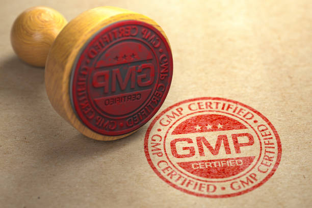 istock GMP Good Manufacturing Practice certified  stamp on craft paper. 1301959112