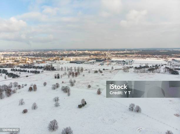 Aerial Photo Of Snowfall Around Berlin Adlershof Stock Photo - Download Image Now - Aerial View, Agricultural Field, Beauty