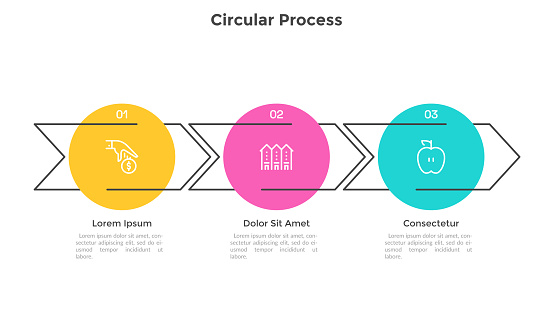 Progress bar with 3 colorful circles placed in horizontal row and connected by arrows. Concept of three steps of startup development process. Infographic design template. Simple vector illustration.