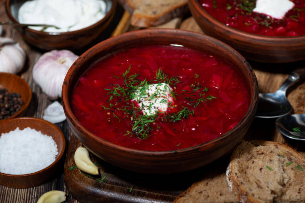 istock traditional russian dish borsch with sour cream, top view 1301968380