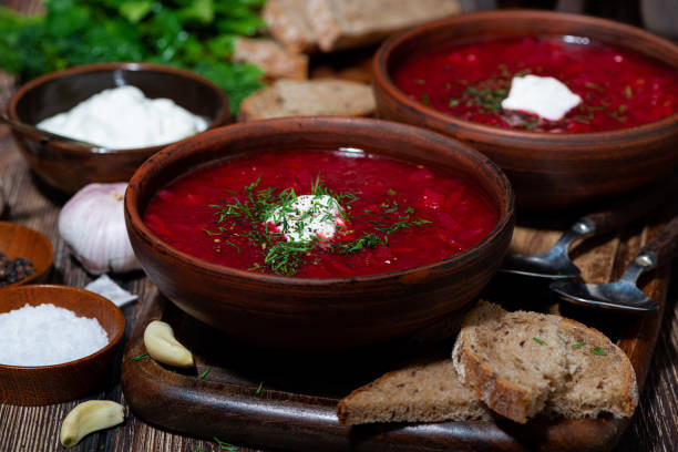 istock traditional russian dish borsch with sour cream 1301968416