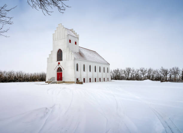 Winter exterior view of the historic Bethlehem Danish Lutheran church in the hamlet of Dalum, Alberta, Canada