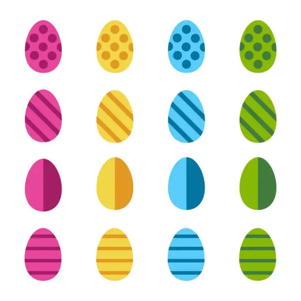 Vector illustration of Happy Easter set of Easter painted eggs. Holiday elements in bright colors - pink, blue, yellow and green with geometric elements. Square format vector flat illustration isolated on white background.