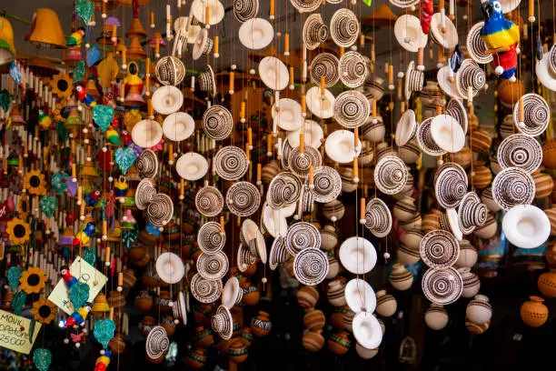 Beautiful handmade wind chimes made of clay at the small town of Raquira also known as The City of Pots in Colombia