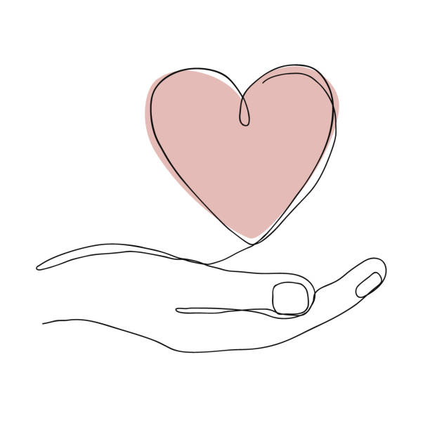 Single continuous line drawing of hand holding a heart on white background. Modern vector illustration for Valentine day banner, Donor Day or organ transplantation concept Single continuous line drawing of hand holding a heart on white background. Modern vector illustration for Valentine day banner, Donor Day or organ transplantation concept. heart line art stock illustrations