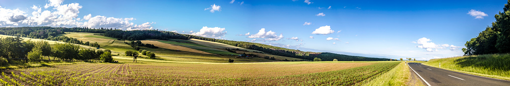 Idyllic panorama from farmland and meadows in hesse germany