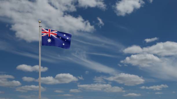 istock 3D illustration Australian flag waving in wind. Australia banner blowing silk. 1301971563