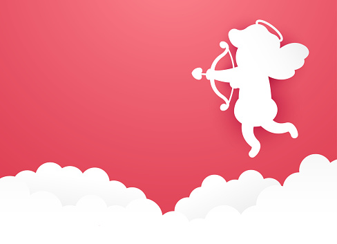 Vector concept of web banner for valentine's day. A paper cupid with a bow and arrow in his hands hovers in the air above the clouds and aim at the void. Blank space for your text. Valentine's Day.