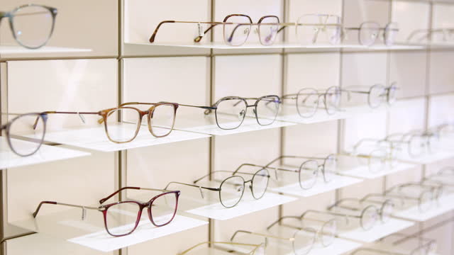 Rack with frames for glasses in optical store