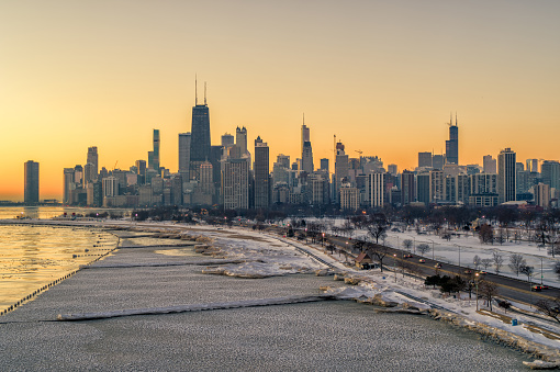 Cinematic Chicago Cityscape at golden hour in Winter