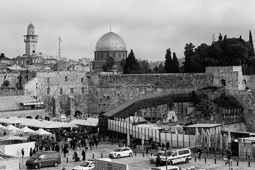 A panoramic view of Jerusalem in black and white.