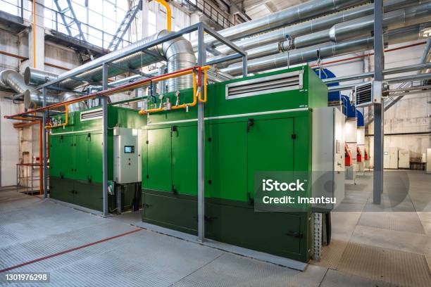 Two Stationary Gas Electric Generators Stock Photo - Download Image Now - Generator, Backup, Industry