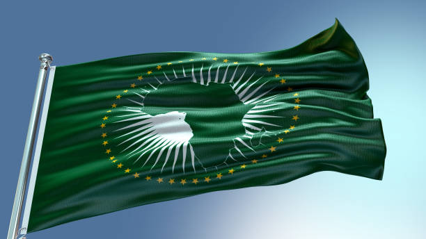 テクスチャの背景を持つフラグを振るアフリカ連合の旗 - africa blue cloud color image ストックフォトと画像