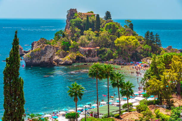 Isola Bella, Taormina Summer vibes on the paradise isle - Isola Bella in Taormina, Sicily sicily photos stock pictures, royalty-free photos & images