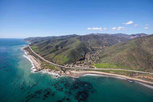 Aerial view of Leo Carrillo State Park and Pacific Coast Highway in Malibu, California.