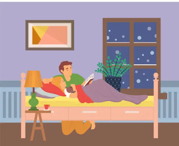 Vector illustration of Dad Reading Bedtime Stories to Child in Rood Vector