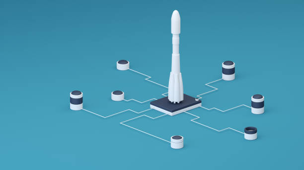 istock Startup concept. Abstract rocket and 3d shapes 1301983451