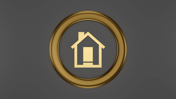golden symbol. house icon sign  on a dark background