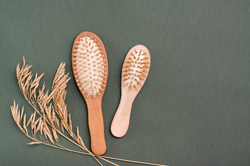 Hair care. Two wooden combs and ears of grass on a green background. Copy space