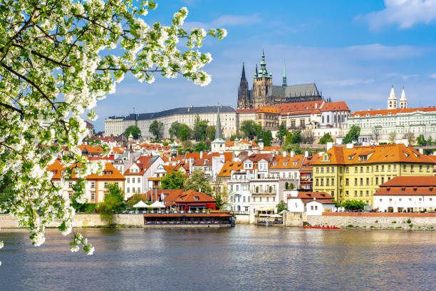 panorama pragi z zamkiem praskim wiosną, czechy - hradcany castle prague czech republic spring zdjęcia i obrazy z banku zdjęć