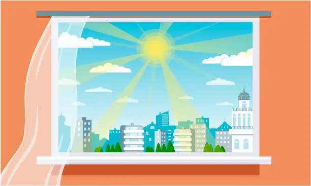 Vector illustration of Large panoramic window from the room, overlooking on a sunny day with cityscape with houses.