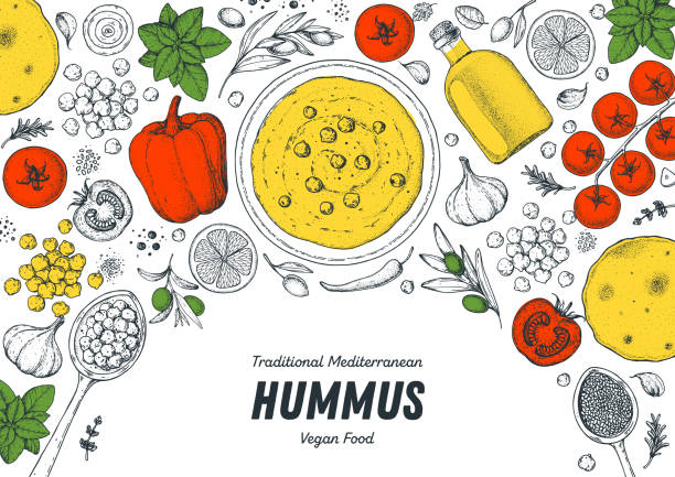 hummus gotowania i składników hummus, ilustracja szkic. bliskowschodnia rama kuchni. zdrowa żywność, elementy projektu. ręcznie rysowane, projektowanie opakowań. kuchnia śródziemnomorska. menu wegańskie - mediterranean cuisine stock illustrations