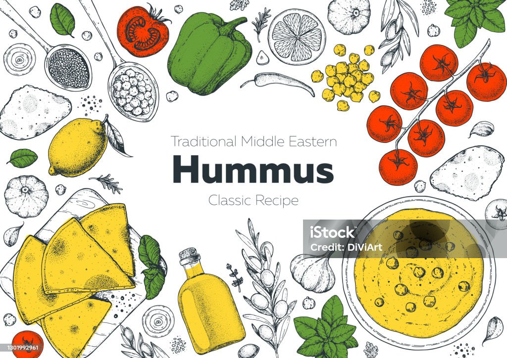 Humms Frame Design Hummus Cooking And Ingredients For Hummus Sketch Illustration Middle ...
