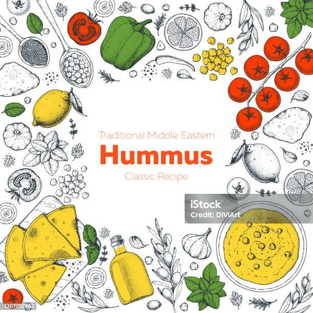 Humms Frame Design Hummus Cooking And Ingredients For Hummus Sketch Illustration Middle ...