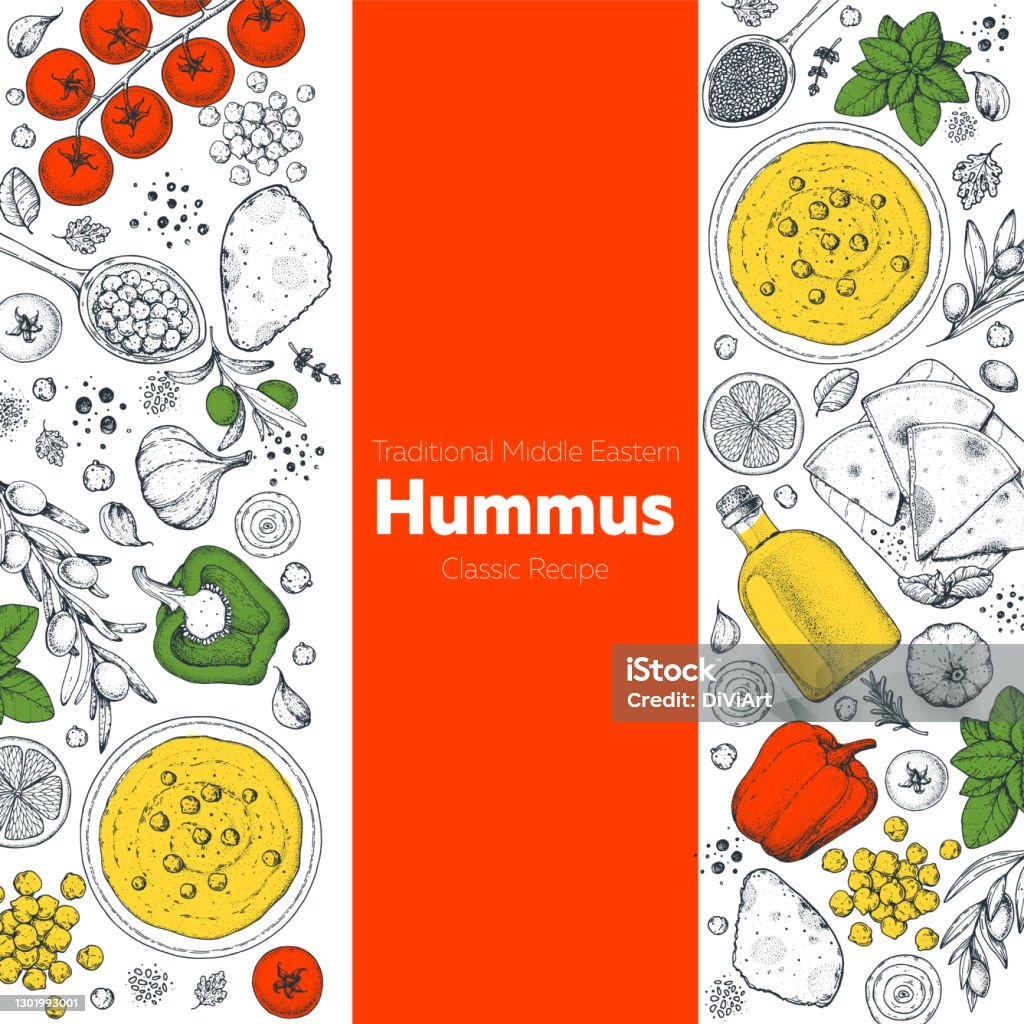 Humms Frame Design Hummus Cooking And Ingredients For Hummus Sketch Illustration Middle ...