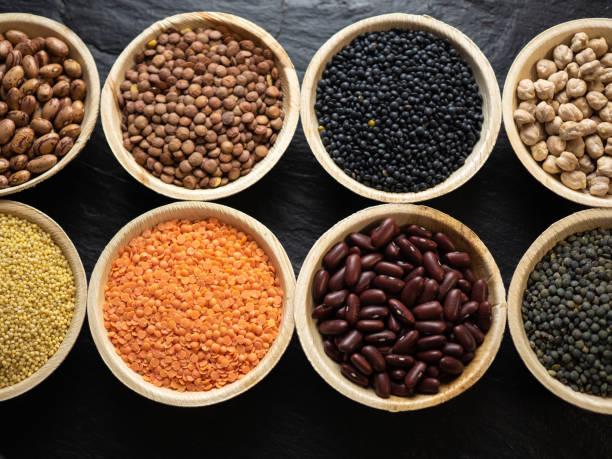istock Dried, legume, leguminous plants, structure, assortment chickpea, kidney beans, pink coconut beans, green lenses, beluga lenses, millet, coral lenses, blond lenses, background. Flat lay, top view. 1301994864