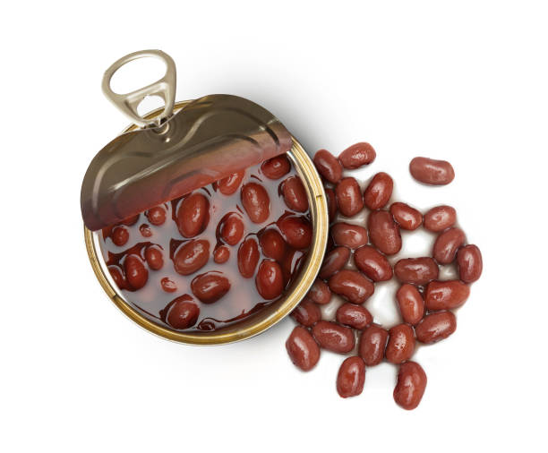 Opened tin of kidney red beans isolated on white background