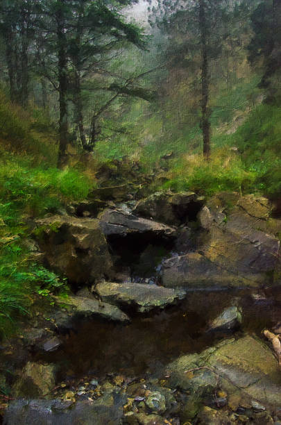 Oil landscape painting showing deep forest and a creek.
