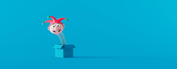 Funny Jack in the box on the blue background. April fools day concept 3d render 3d illustration