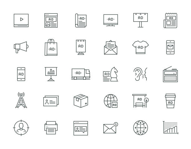ilustraciones, imágenes clip art, dibujos animados e iconos de stock de serie de líneas delgadas publicitarias - carteles publicitarios